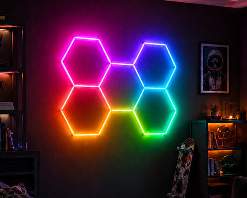 차고, 체육관, 작업장 및 사무실 천장 조명에 적용 가능한 연결형 LED 육각형 RGB 허니콤 모듈형 패널