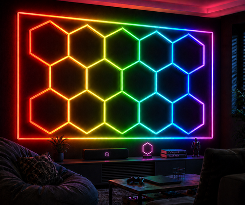 LED 헥사고널 라이트 14 헥사고널 RGB 원격 제어 꿀집 천장 라이트 24V IP20 체육관 살롱 차고 바 분위기